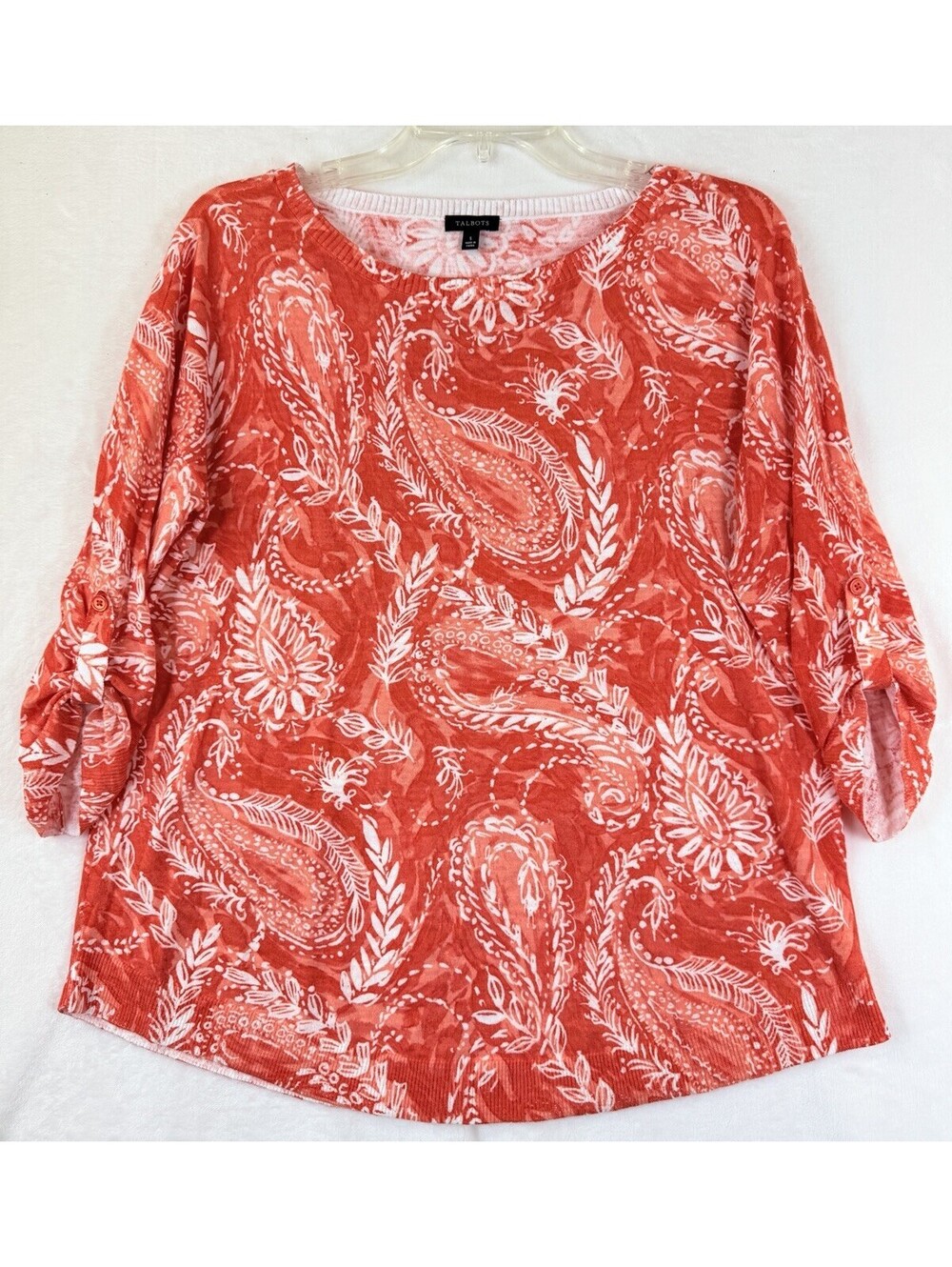 Talbots Tops Small Sweater Lightweight Summer Orange Paisley Floral 100% Cotton